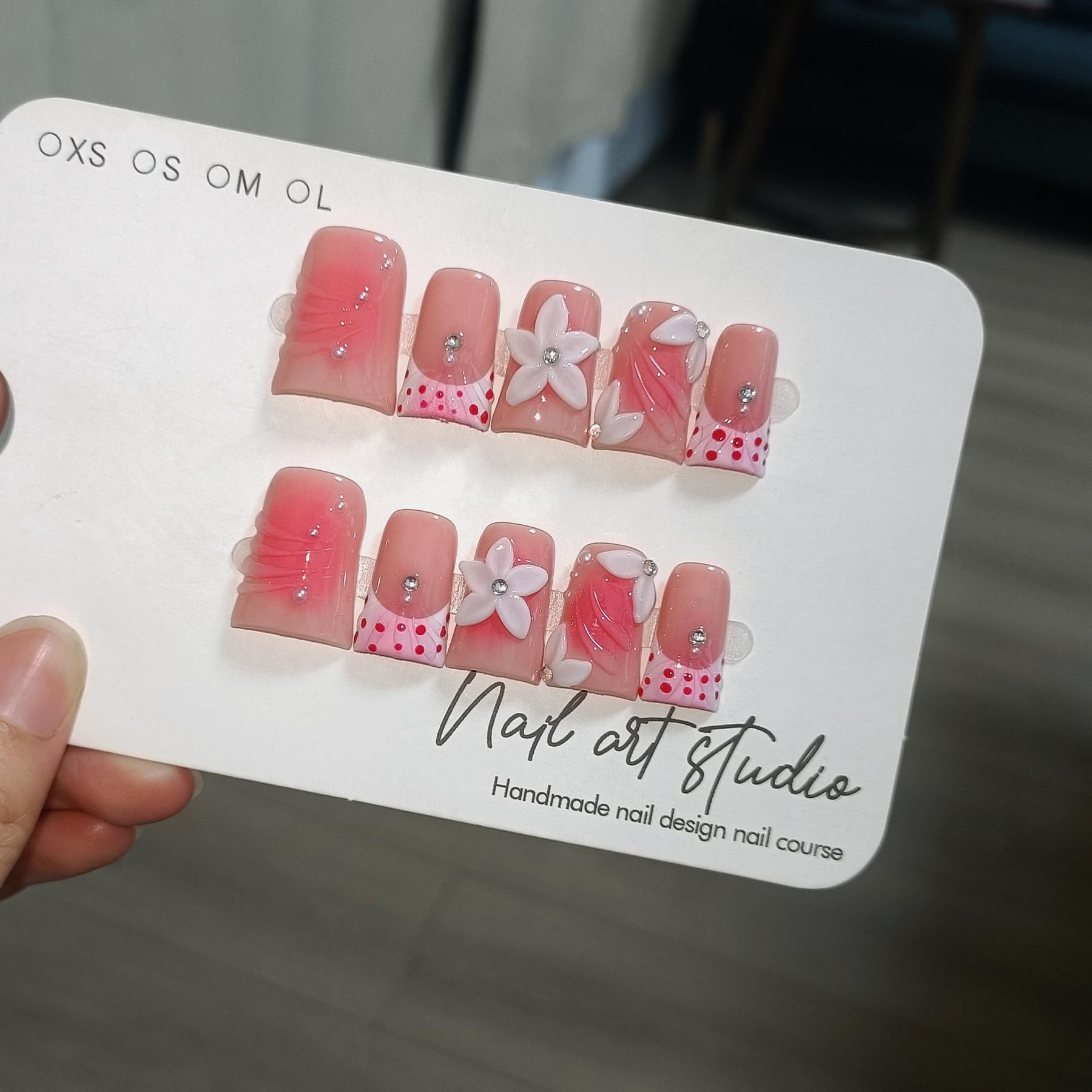 TENPAL 10Pcs Handmade Duck Nails Press On – Dopamine Coral & Blush French Tips, 3D Florals, Reusable Medium Length