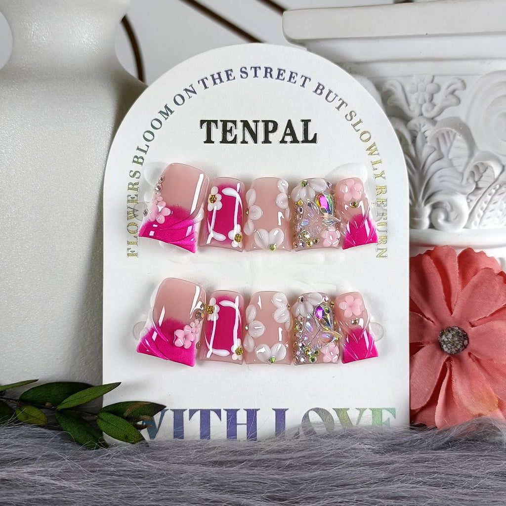 TENPAL 10Pcs Handmade Press-On Duck Nails with Charms – Glossy Pink French Tips
