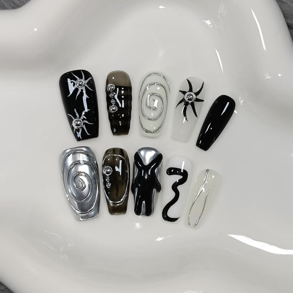 TENPAL Dark Silver Gothic Press On Nails – Long Coffin Shape, 3D Embossed Sun Design, Hand-Painted Art