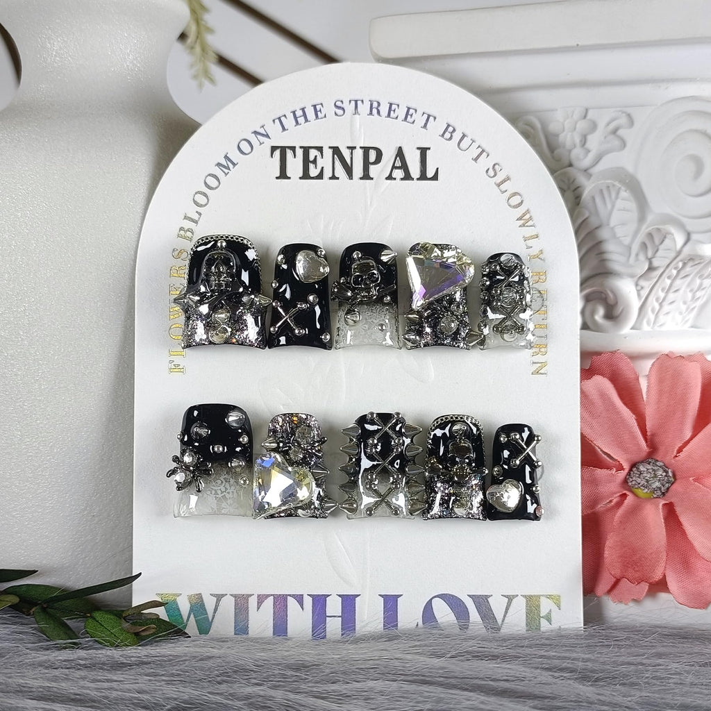 TENPAL Gothic Duck Nails – 10Pcs Clip-On Press-On with Punk Studs & Crystal Skull (Glossy Black Duckbill)