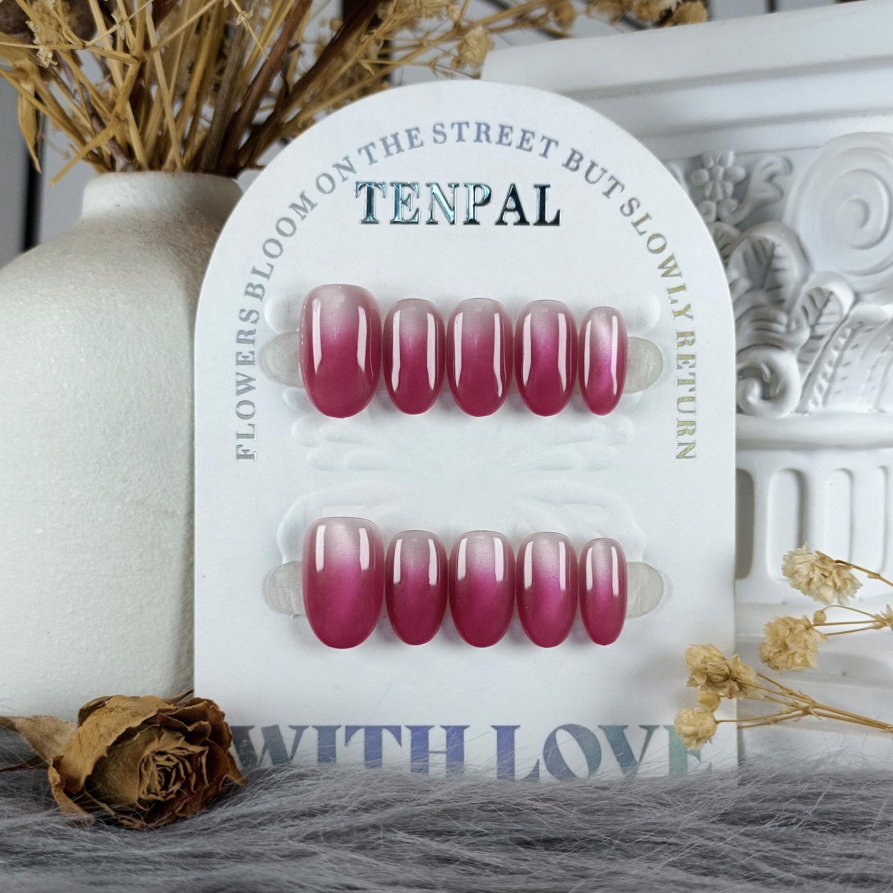 TENPAL Press On Nails 10 Pcs with Tools Kit (XS) – Peach Tea Rose Gradient Cat Eye, Short Oval