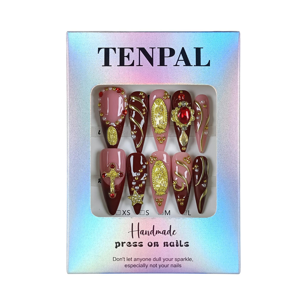 TENPAL Handmade Press-On Nails Long Stiletto – Nude Pink Wine Cross Design with 3D Charm