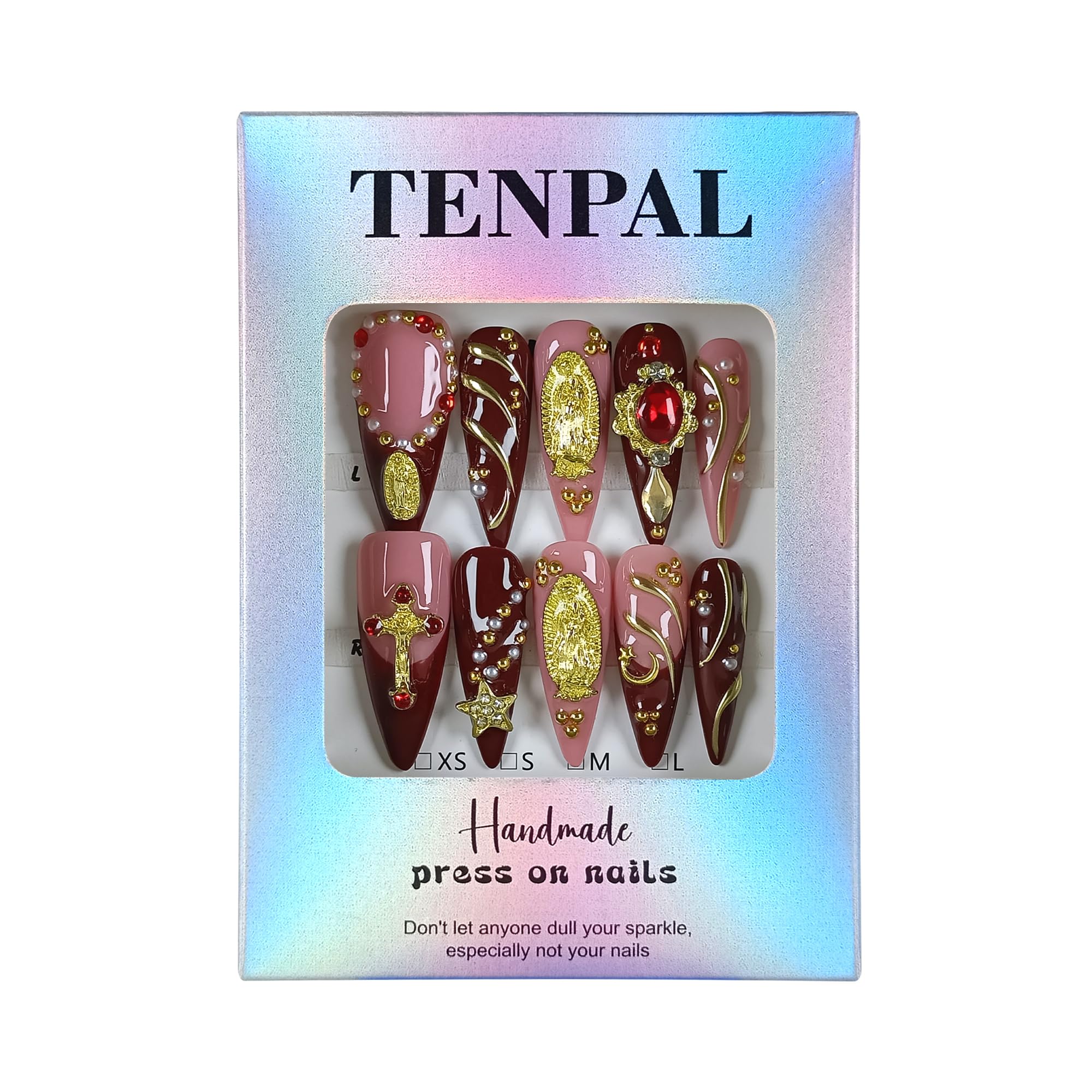 TENPAL Handmade Press-On Nails Long Stiletto – Nude Pink Wine Cross Design with 3D Charm
