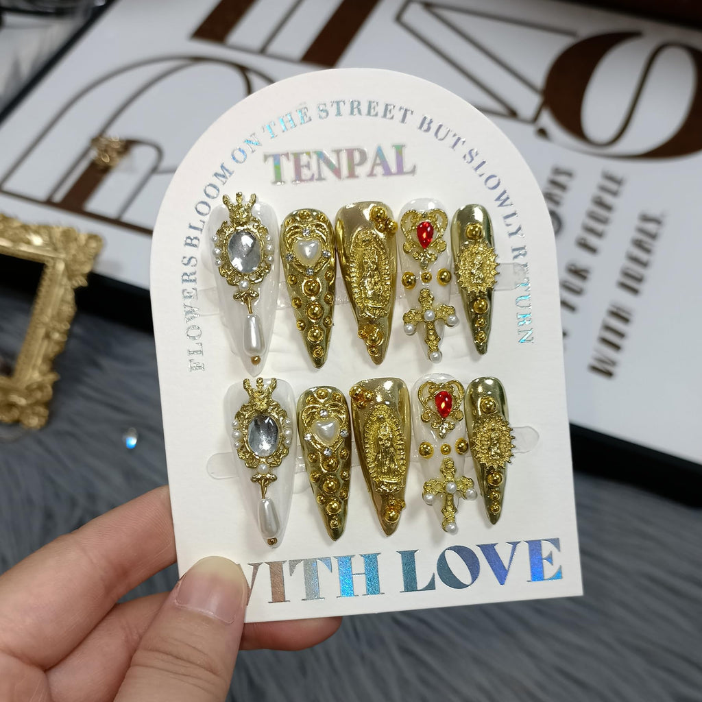 TENPAL 10Pcs Handmade Royal Press On Nails – Gold Stiletto with Pearl & Celestial Charms + Tools