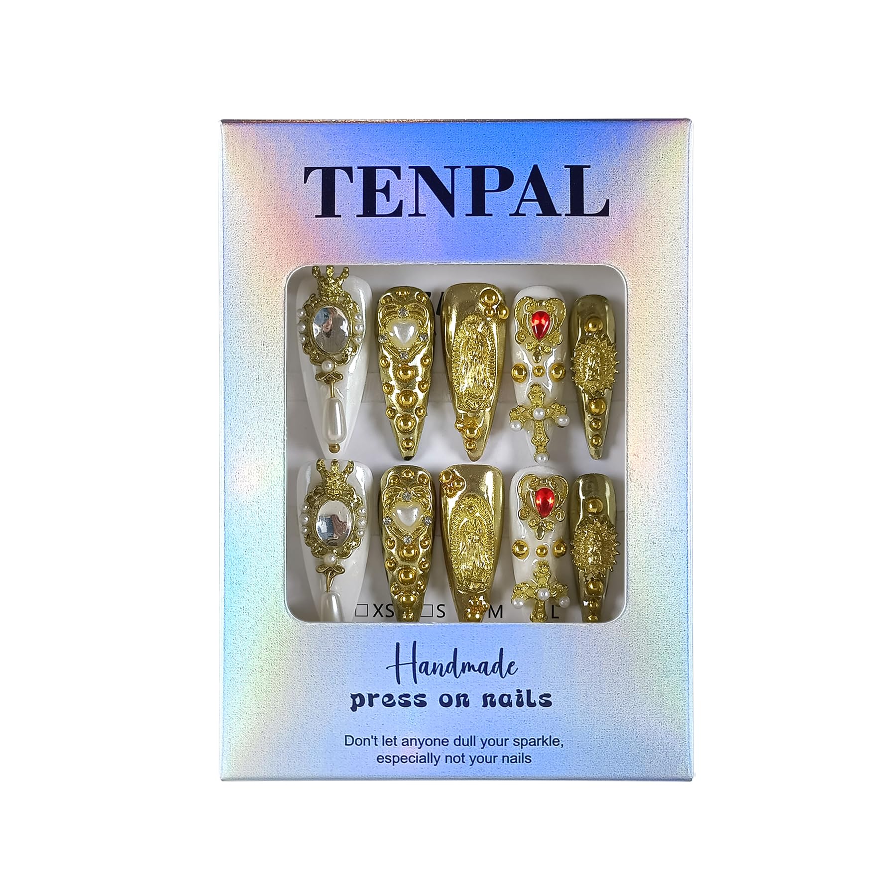 TENPAL 10Pcs Handmade Royal Press On Nails – Gold Stiletto with Pearl & Celestial Charms + Tools