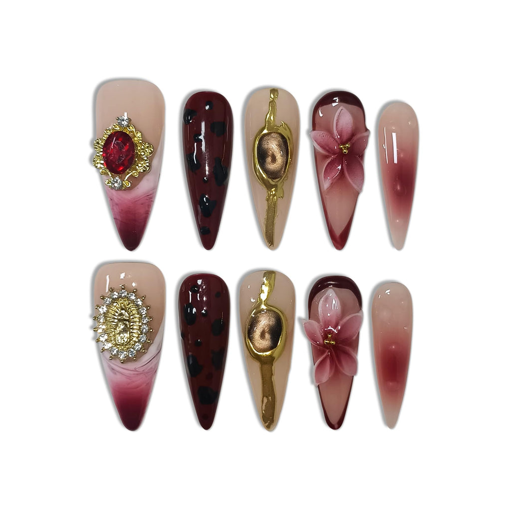 TENPAL Handmade Long Stiletto Press-On Nails – Burgundy Cat Eye 3D Leopard Embossed Design