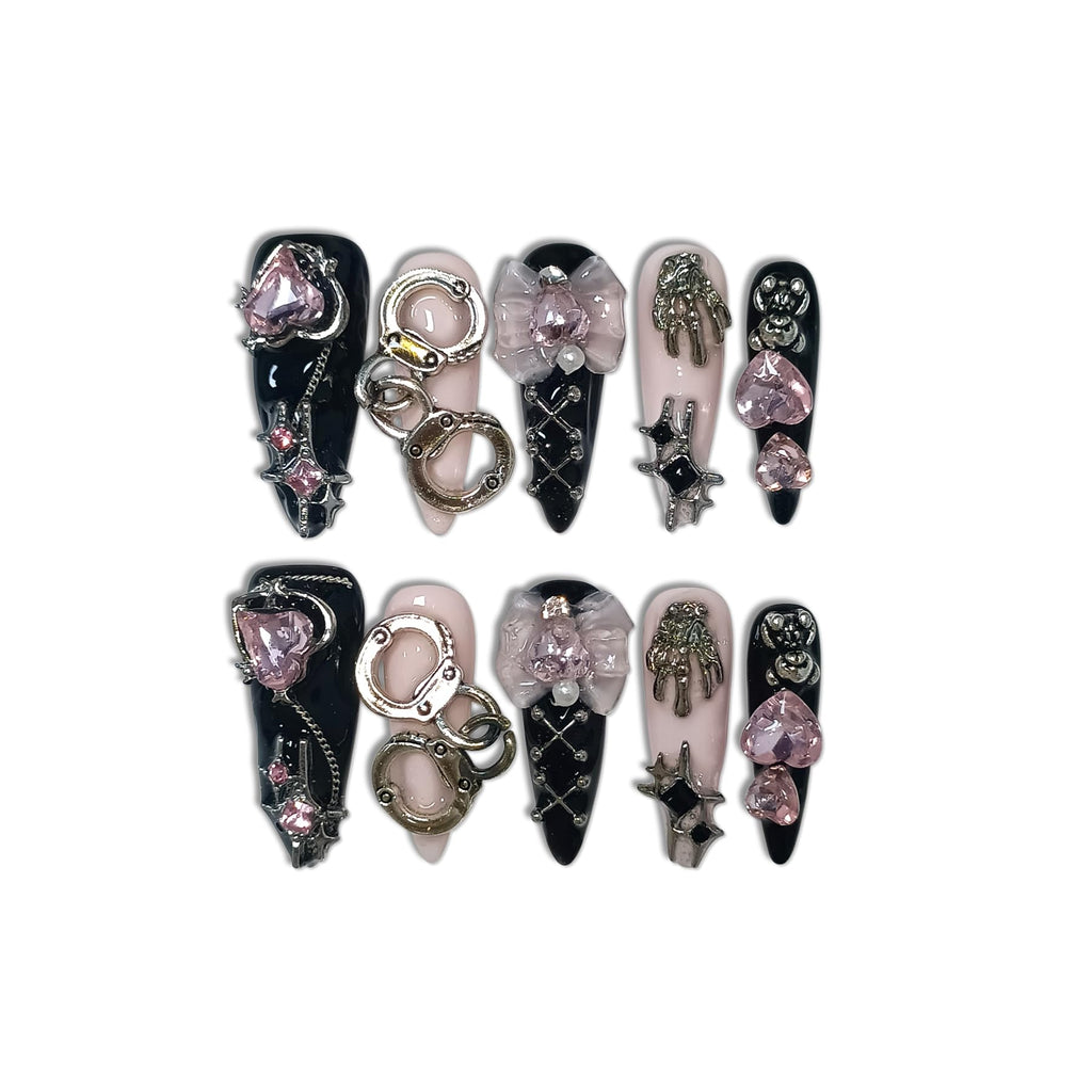 TENPAL 10Pcs Y2K Press On Nails with Tools – Handcuff Star Skull 3D Charms, Long Stiletto Glitter