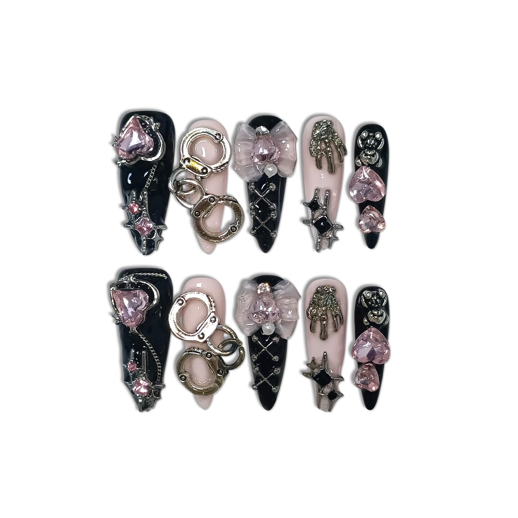 TENPAL 10Pcs Y2K Press On Nails with Tools – Handcuff Star Skull 3D Charms, Long Stiletto Glitter