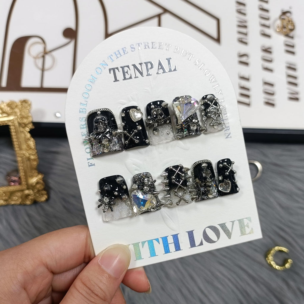 TENPAL Gothic Duck Nails – 10Pcs Clip-On Press-On with Punk Studs & Crystal Skull (Glossy Black Duckbill)