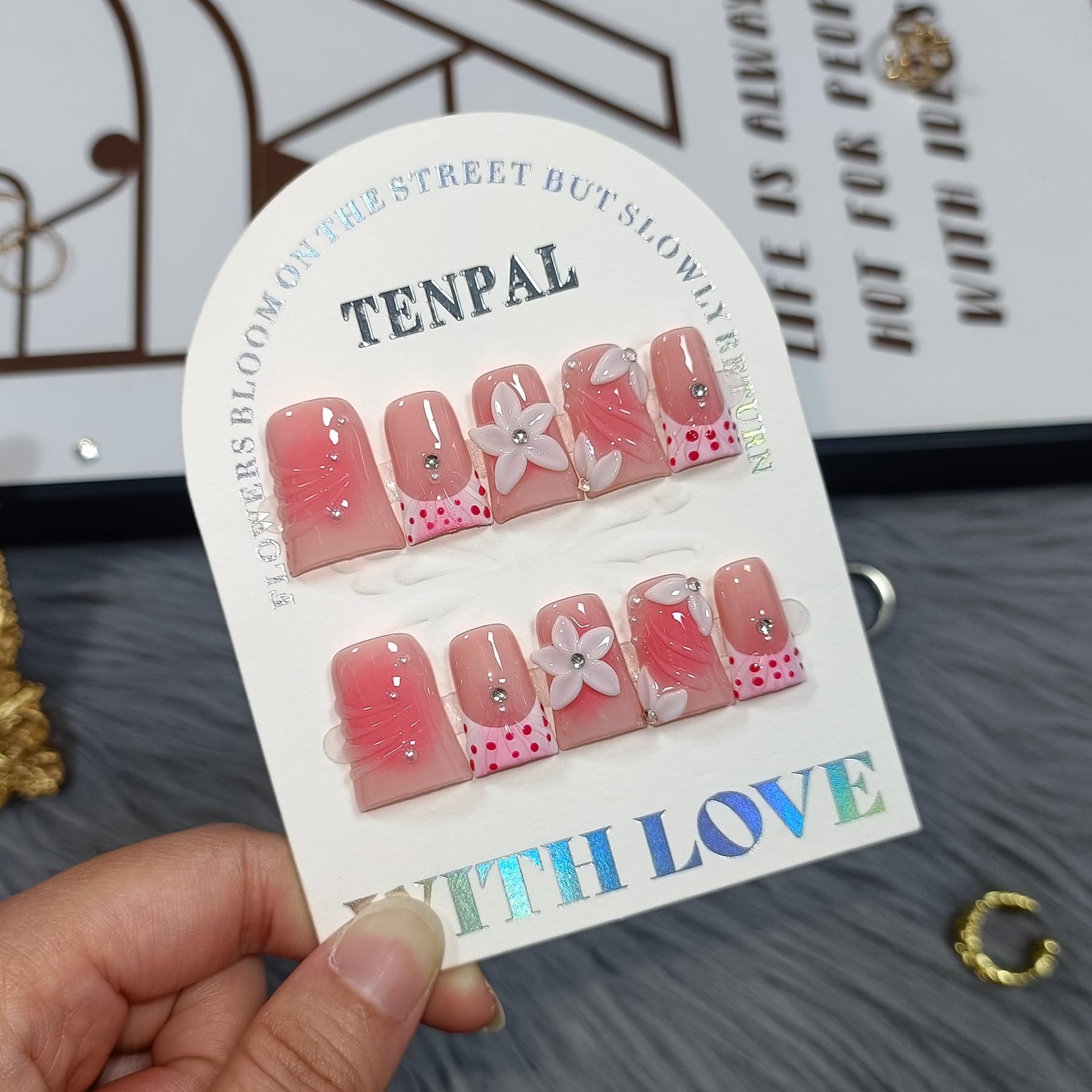 TENPAL 10Pcs Handmade Duck Nails Press On – Dopamine Coral & Blush French Tips, 3D Florals, Reusable Medium Length