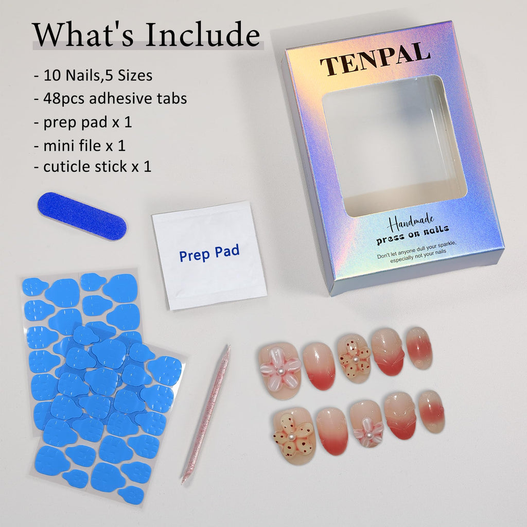 TENPAL Handmade Press On Nails Short Oval (10Pcs) – Coral Blush Gradient with Flower Details + Tools Kit