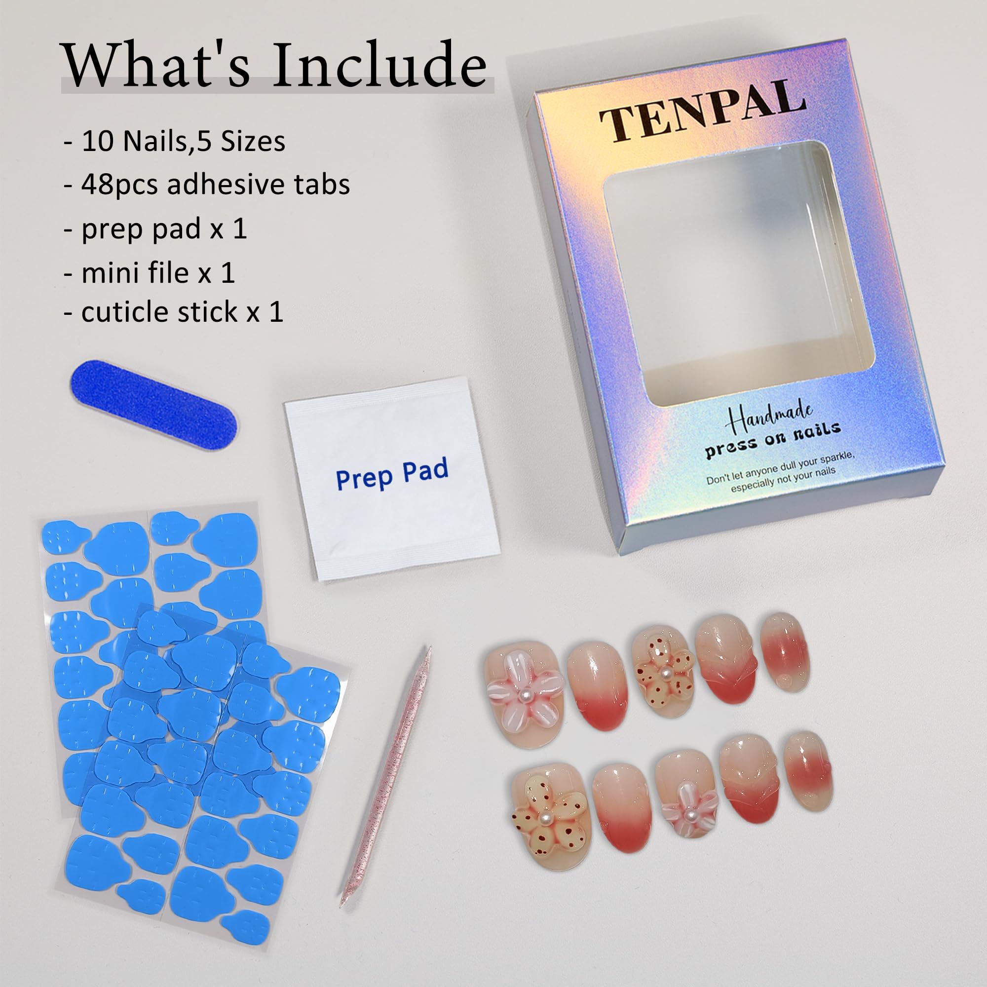 TENPAL Handmade Press On Nails Short Oval (10Pcs) – Coral Blush Gradient with Flower Details + Tools Kit