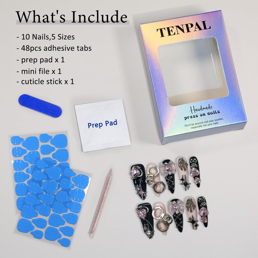 TENPAL 10Pcs Y2K Press On Nails with Tools – Handcuff Star Skull 3D Charms, Long Stiletto Glitter