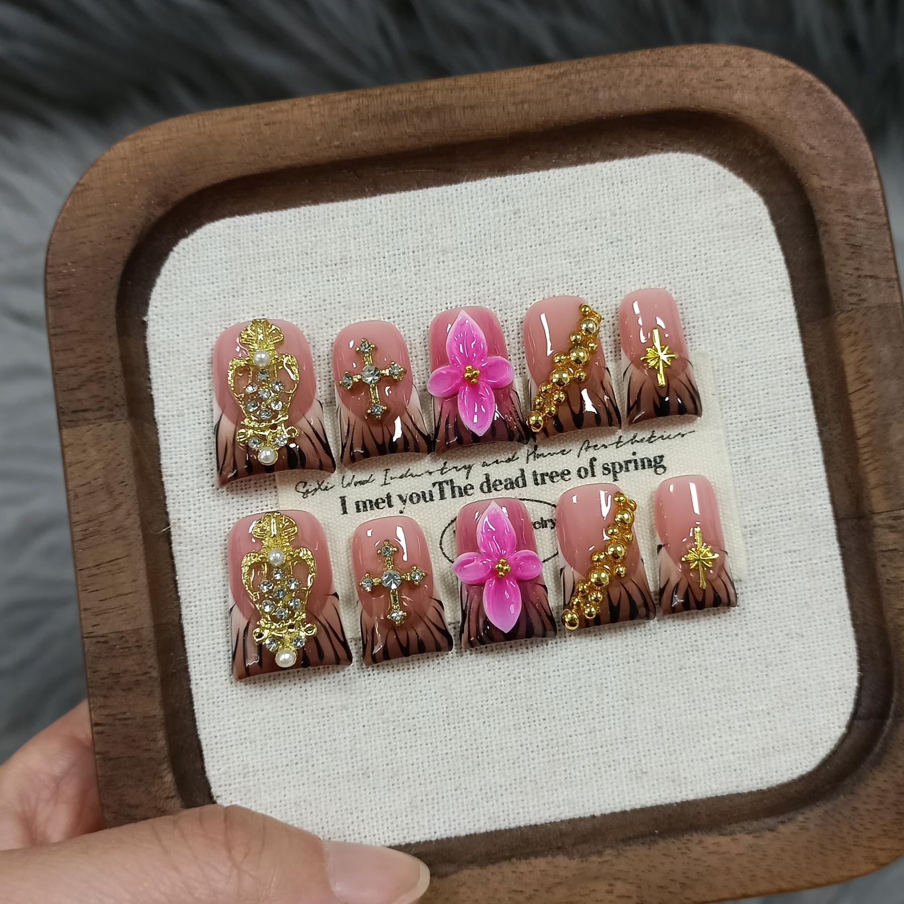 TENPAL Handmade Duckbill Press-On Nails – Zebra Print & Pink Floral with 3D Cross Studs