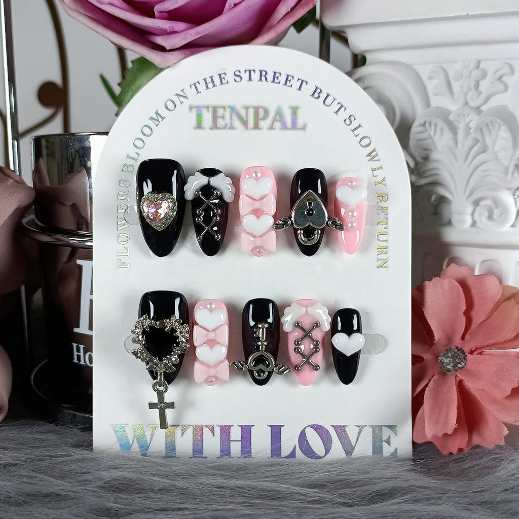 TENPAL 10Pcs Y2K Press On Nails with Tools – Ebony & Pink Almond, 3D Heart Bow & Cross Charms