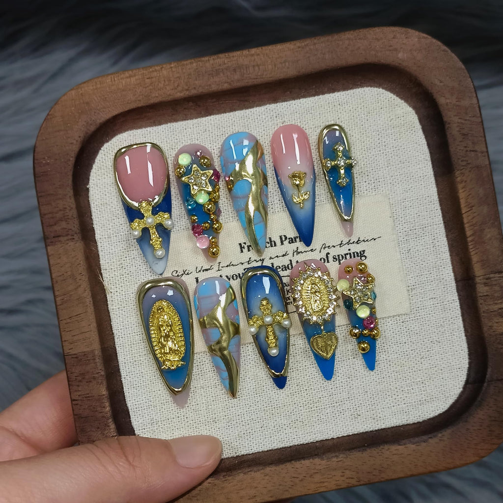 TENPAL 10Pcs Handmade Gothic Press On Nails with Tools – Purple-Blue Snake Ombre Long Stiletto