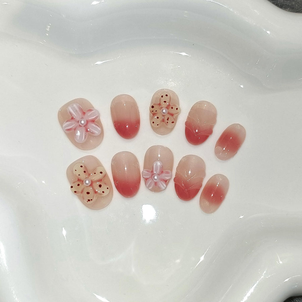 TENPAL Handmade Press On Nails Short Oval (10Pcs) – Coral Blush Gradient with Flower Details + Tools Kit
