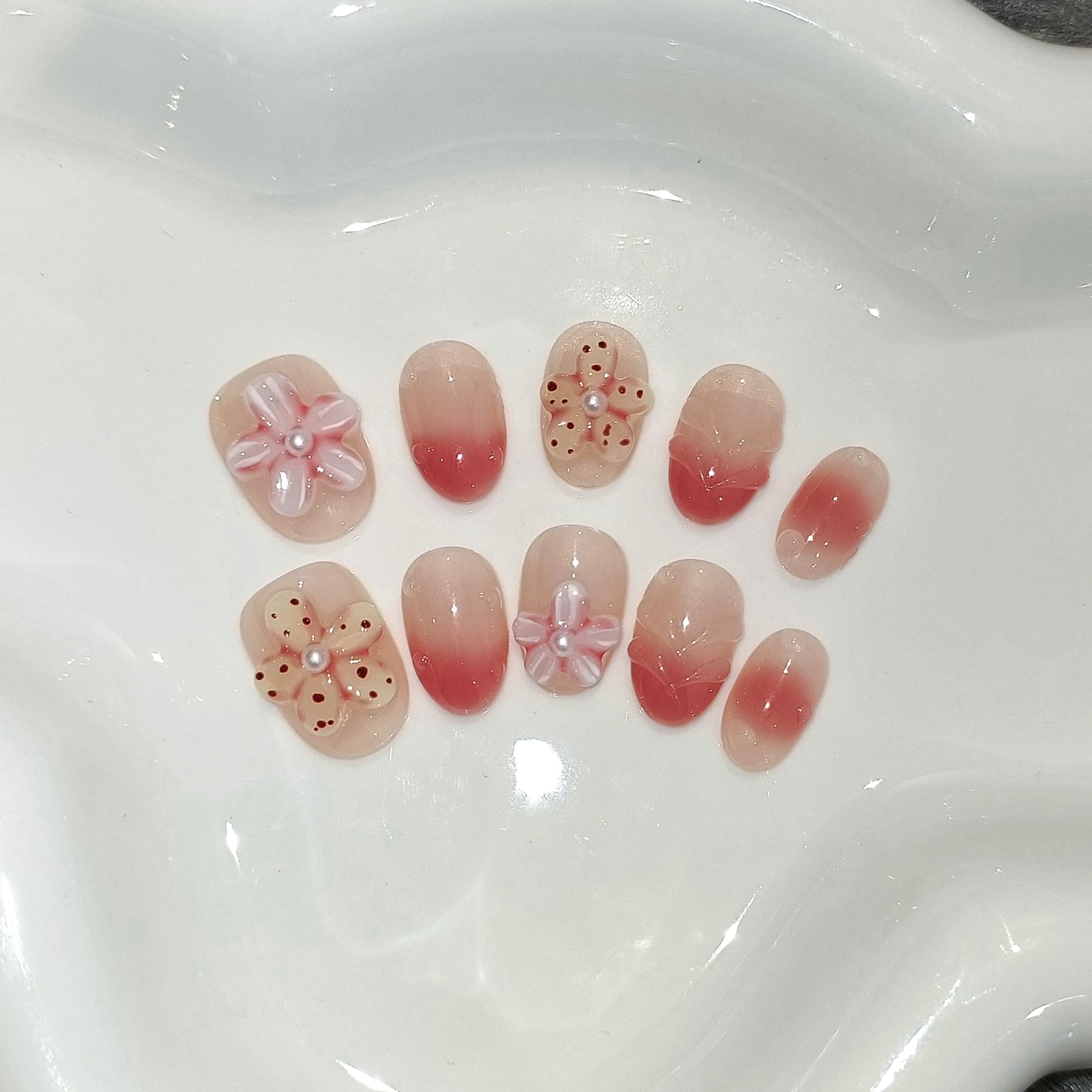 TENPAL Handmade Press On Nails Short Oval (10Pcs) – Coral Blush Gradient with Flower Details + Tools Kit