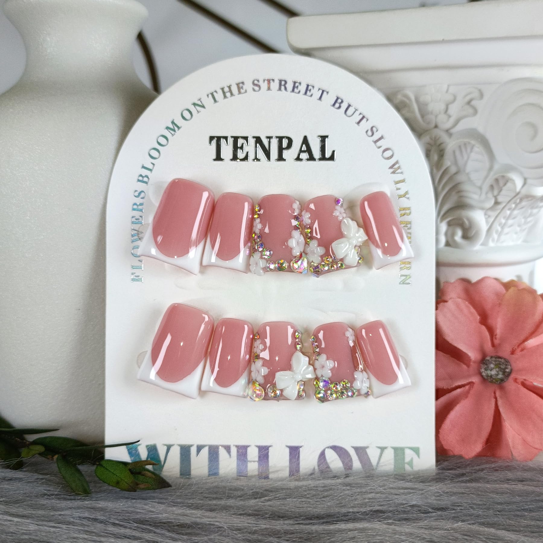 TENPAL Short Coffin Duckbill Press On Nails – White French Tip with Rhinestones & 3D Bow (10pcs)