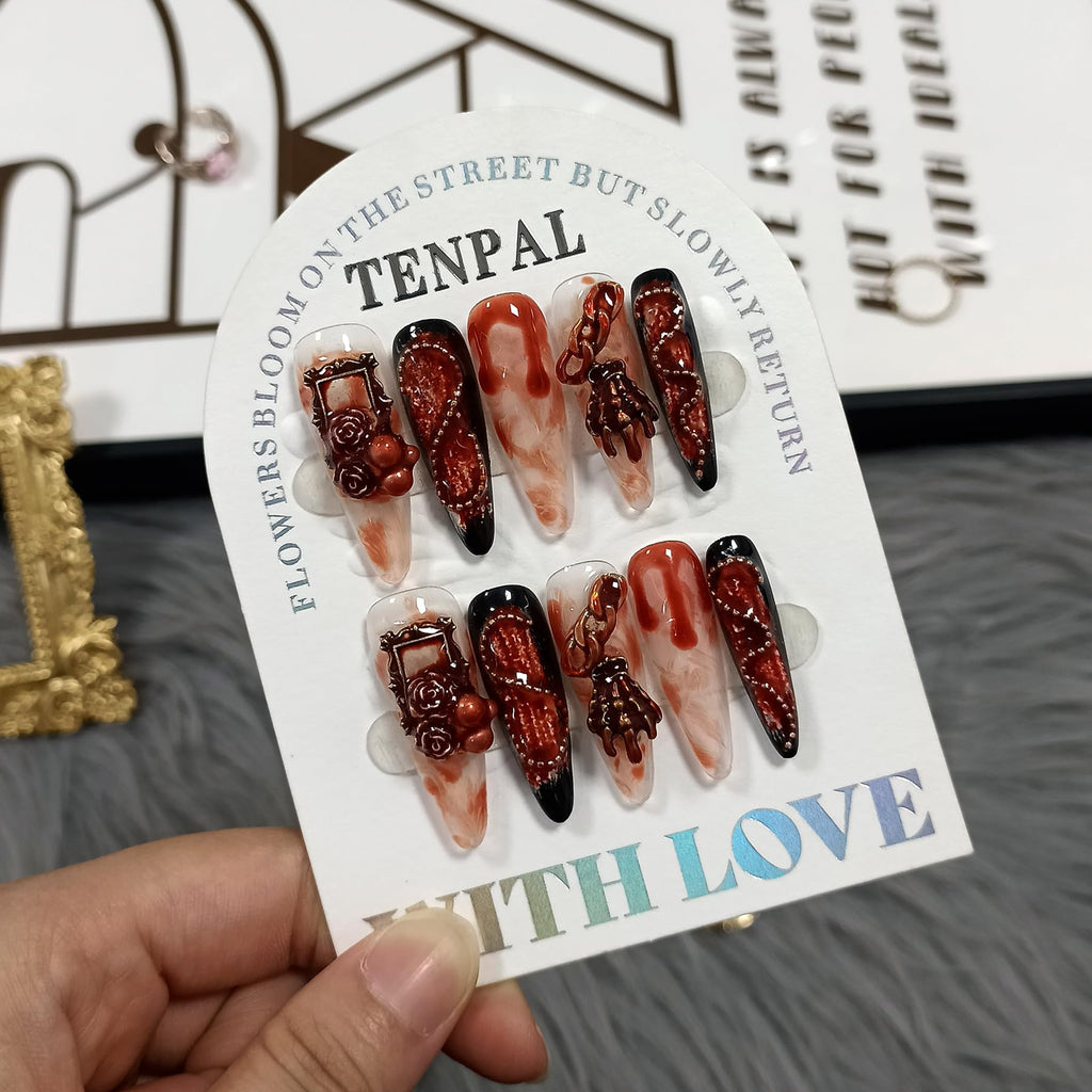 TENPAL 10Pcs Gothic Press On Nails with Tools – Blood Stain Black Red Long Stiletto & 3D Roses Skull Art