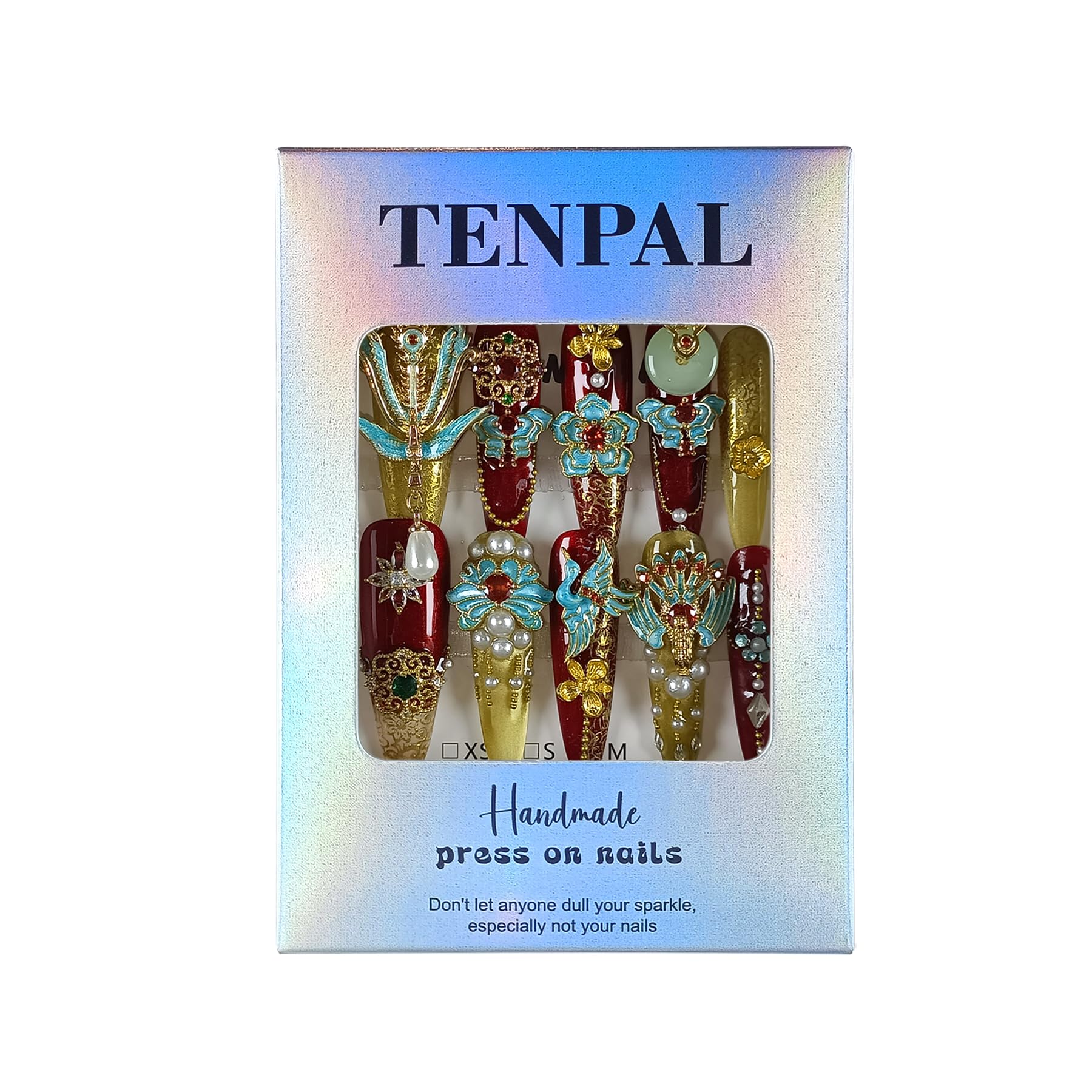 TENPAL 10Pcs Heirloom Bridal Press-On Nails – Red Gold Phoenix Dragon Designs, Long Stiletto