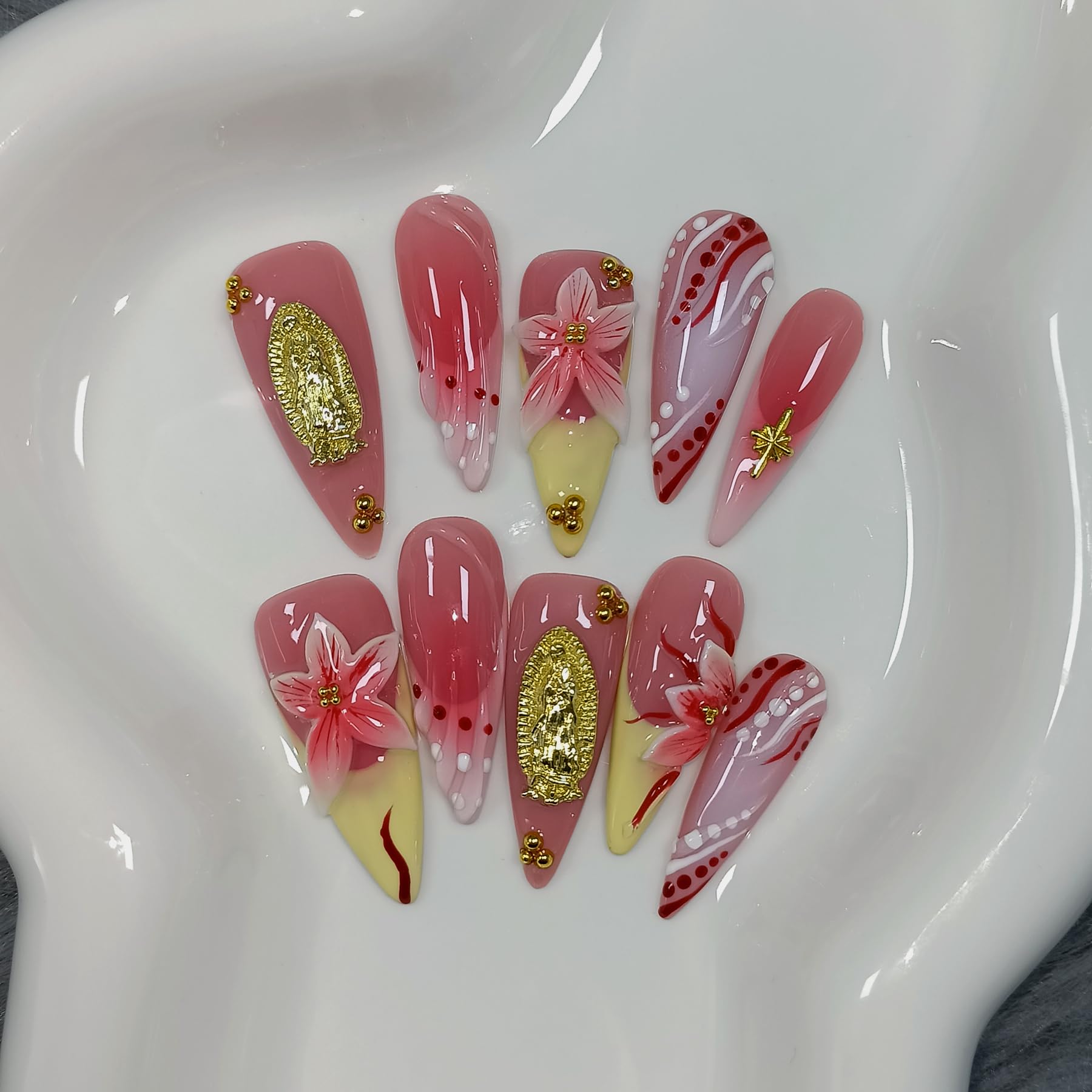 TENPAL Handmade Press-On Nails Long Stiletto – Vivid Red 3D Floral Blush Ombre | Glossy, Reusable