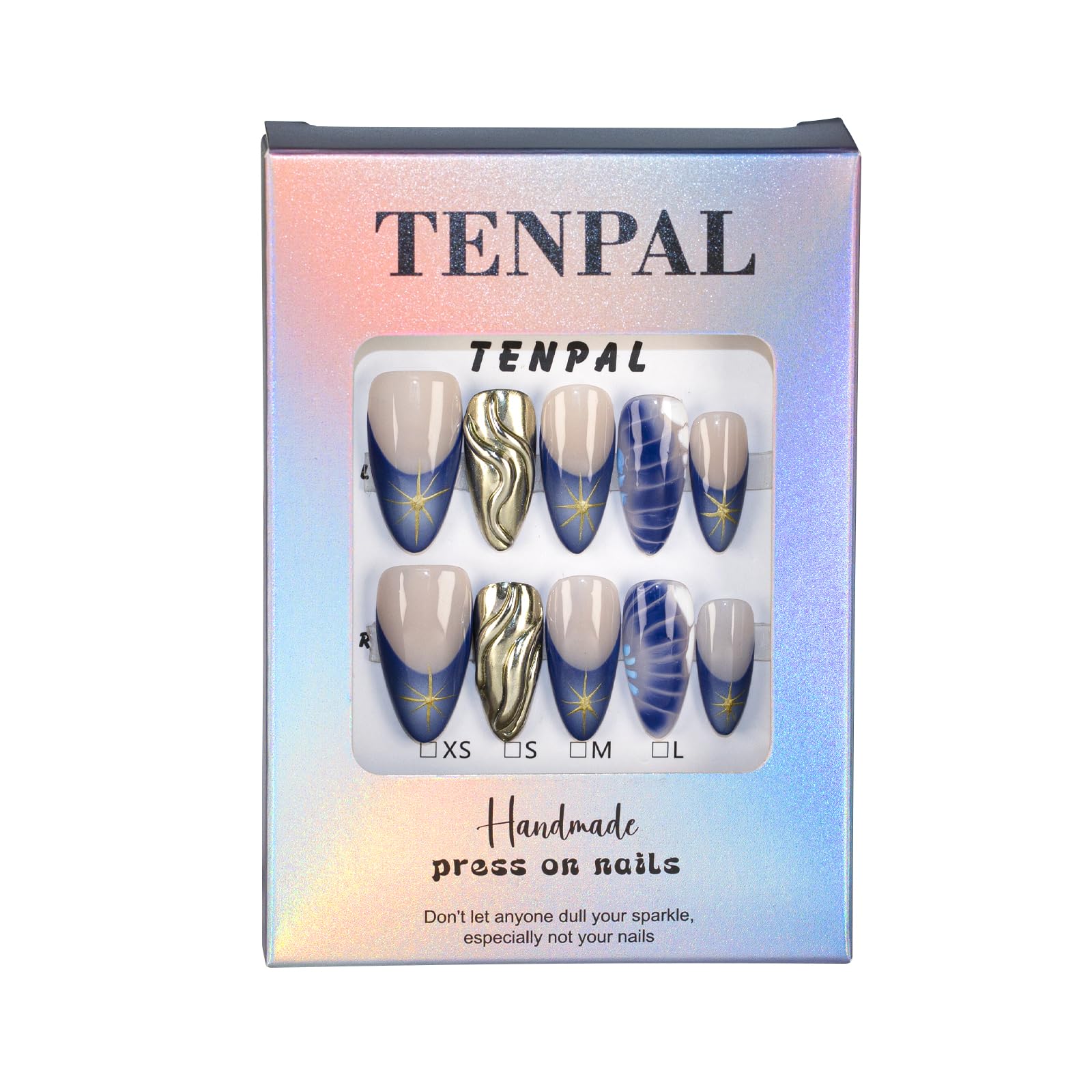 TENPAL Blue French Tip Press-On Nails – Almond (Medium), Size L, Metallic Star 3D Waves & Crocodile Pattern (10pcs)