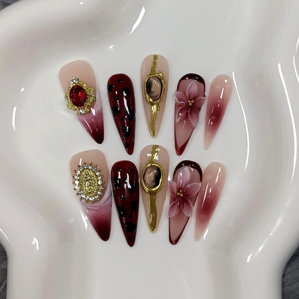 TENPAL Handmade Long Stiletto Press-On Nails – Burgundy Cat Eye 3D Leopard Embossed Design