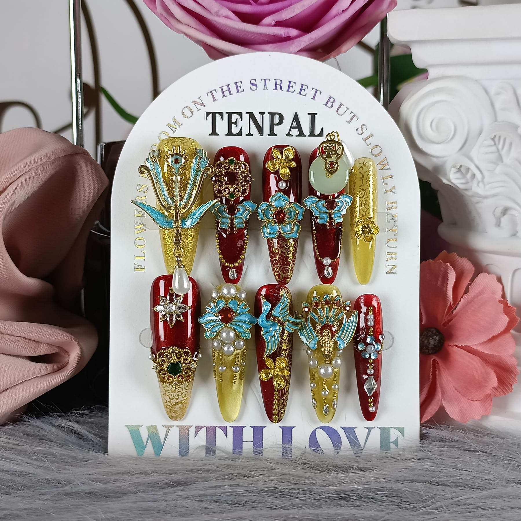 TENPAL 10Pcs Heirloom Bridal Press-On Nails – Red Gold Phoenix Dragon Designs, Long Stiletto
