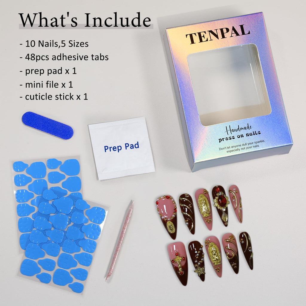 TENPAL Handmade Press On Nails Long Stiletto – Nude Pink Wine Cross Design | Chapelcore Y2K Nails
