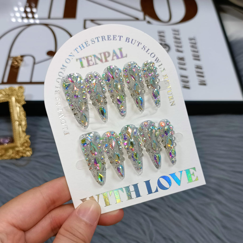 TENPAL 10Pcs Luxury Press On Nails – Long Stiletto, Crystal Glitter, Reusable Bridal Nail Set