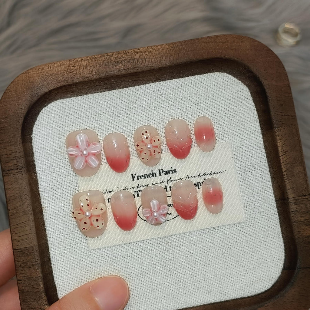 TENPAL Handmade Press On Nails Short Oval (10Pcs) – Coral Blush Gradient with Flower Details + Tools Kit