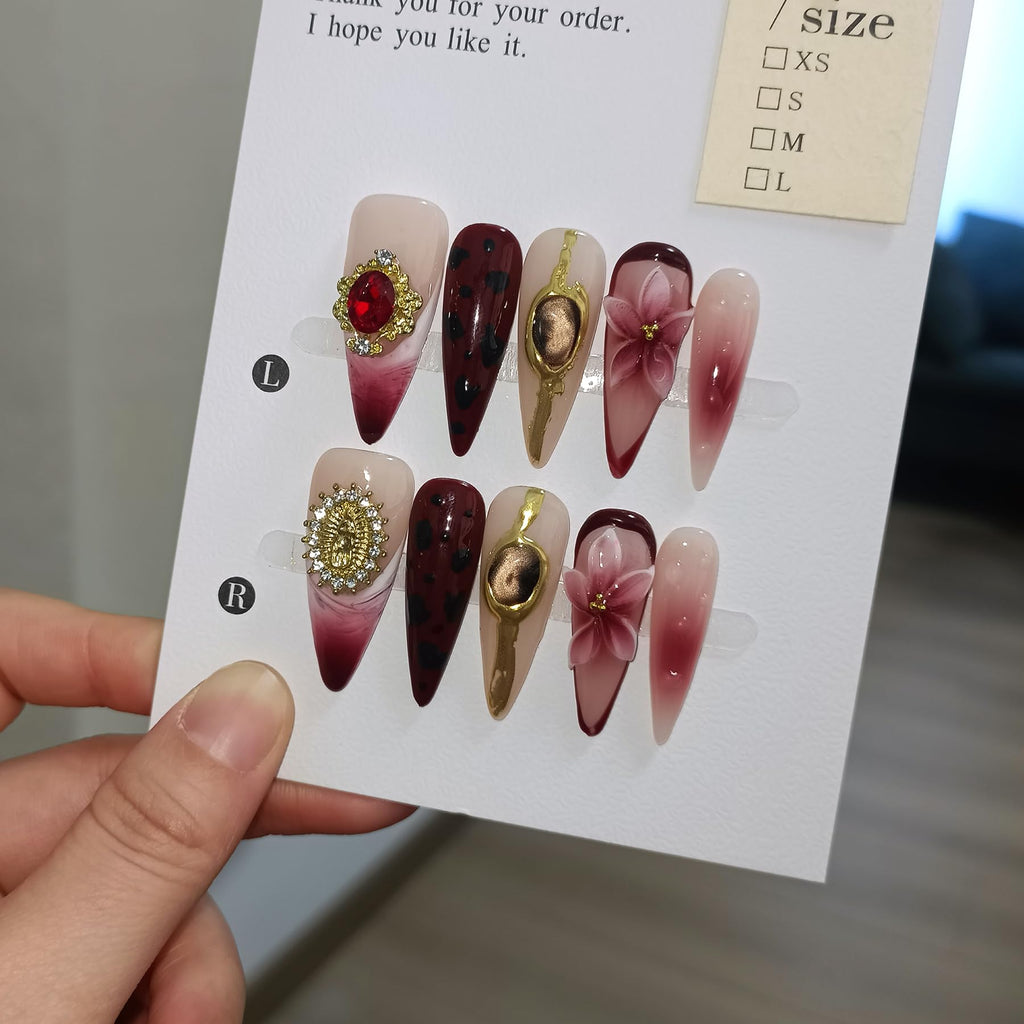 TENPAL Handmade Press On Nails – Burgundy Cat Eye, 3D Leopard, Long Stiletto