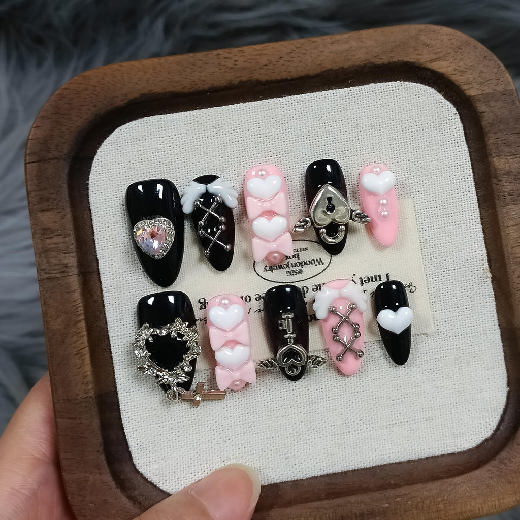 TENPAL 10Pcs Y2K Press On Nails with Tools – Ebony & Pink Almond, 3D Heart Bow & Cross Charms