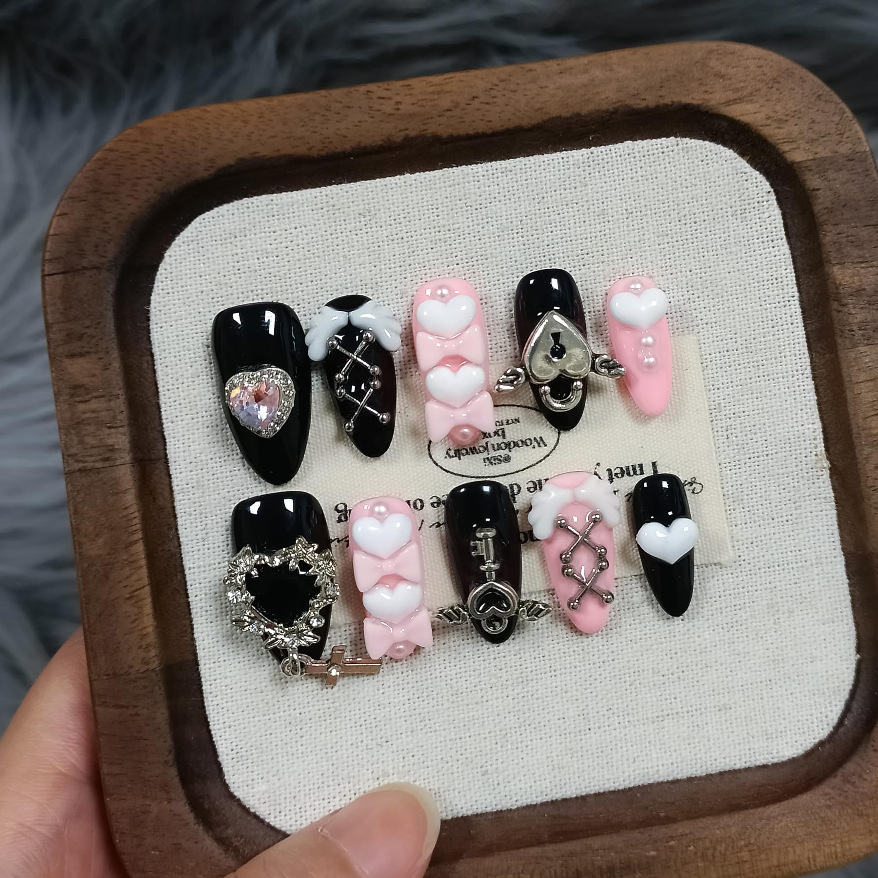 TENPAL 10Pcs Y2K Press On Nails with Tools – Ebony & Pink Almond, 3D Heart Bow & Cross Charms