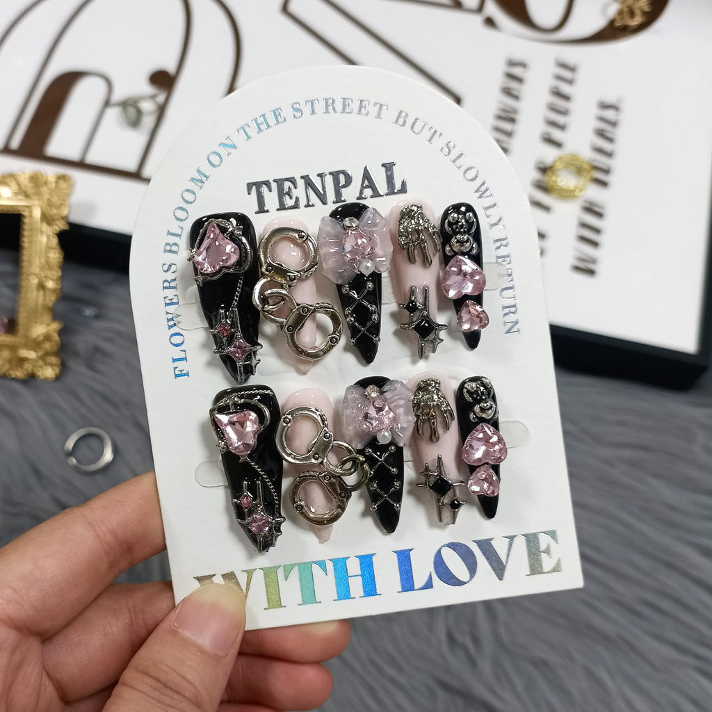 TENPAL 10Pcs Y2K Press On Nails with Tools – Handcuff Star Skull 3D Charms, Long Stiletto Glitter