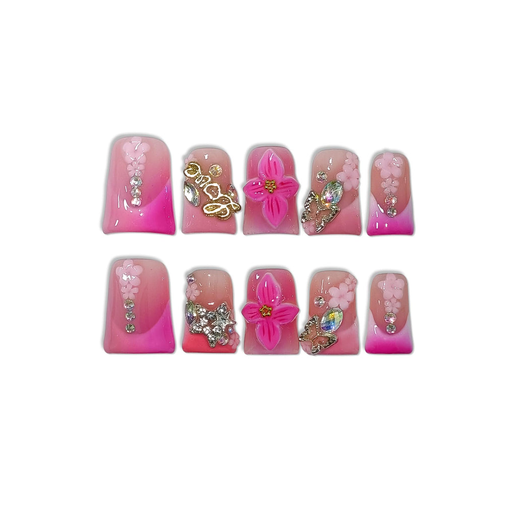 TENPAL Short Duckbill Press-On Nails – Pink Blushing French Tip with 3D Flower Bow (10pcs)
