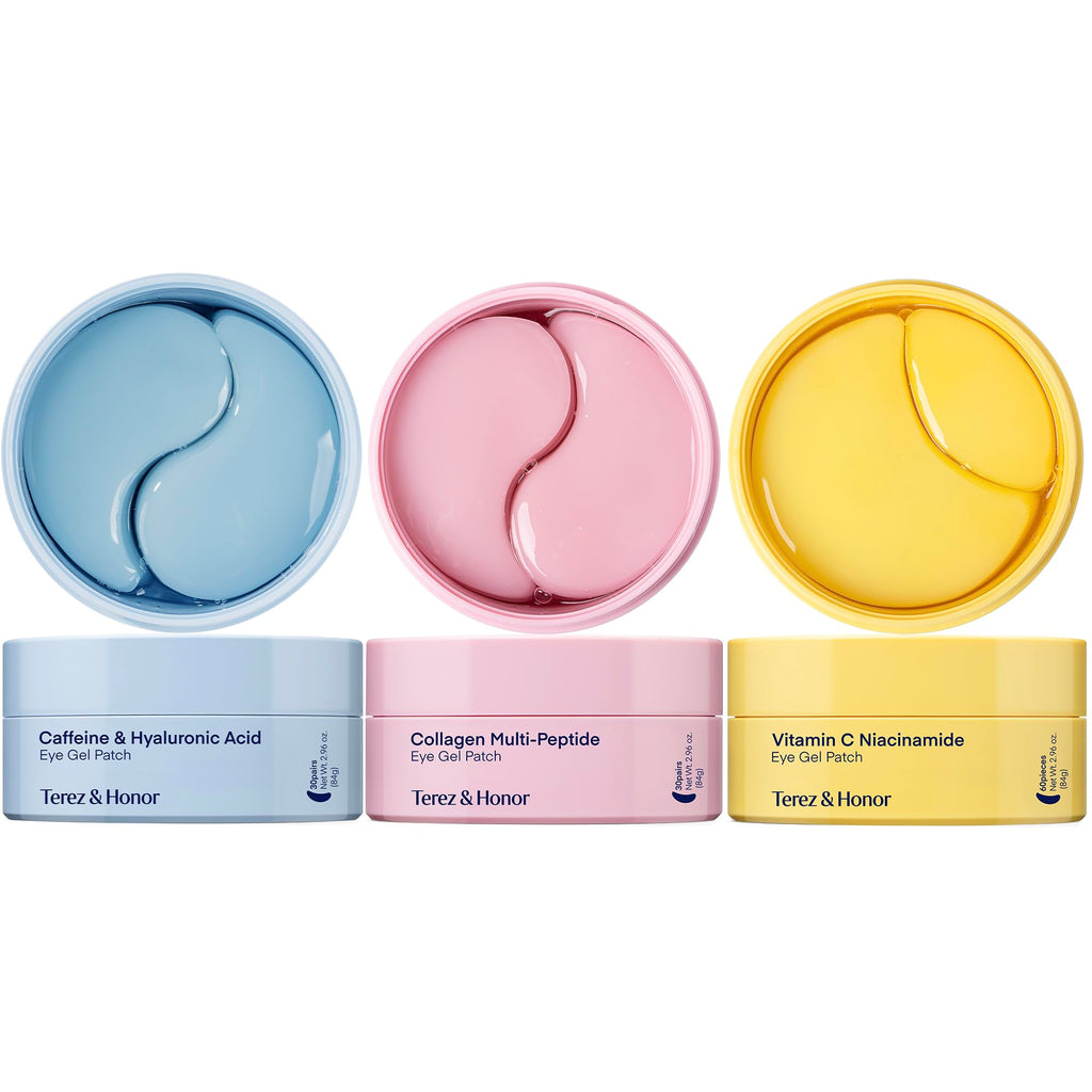 TEREZ & HONOR Eye Patches Gift Set – 3-Pack (x60) Korean Hydrogel Masks with Caffeine, Collagen & Vitamin C