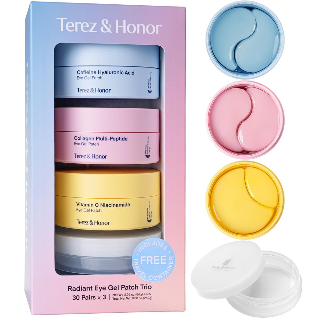TEREZ & HONOR Eye Patches Gift Set – 3-Pack (x60) Korean Hydrogel Masks with Caffeine, Collagen & Vitamin C