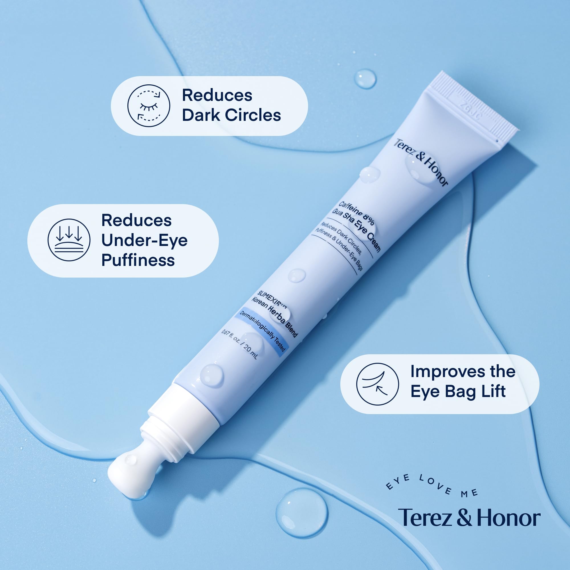 TEREZ & HONOR 8% Caffeine Eye Cream with SLIMEXIR™ & Korean Herbal Blend – Gua Sha Applicator, 0.67 fl oz