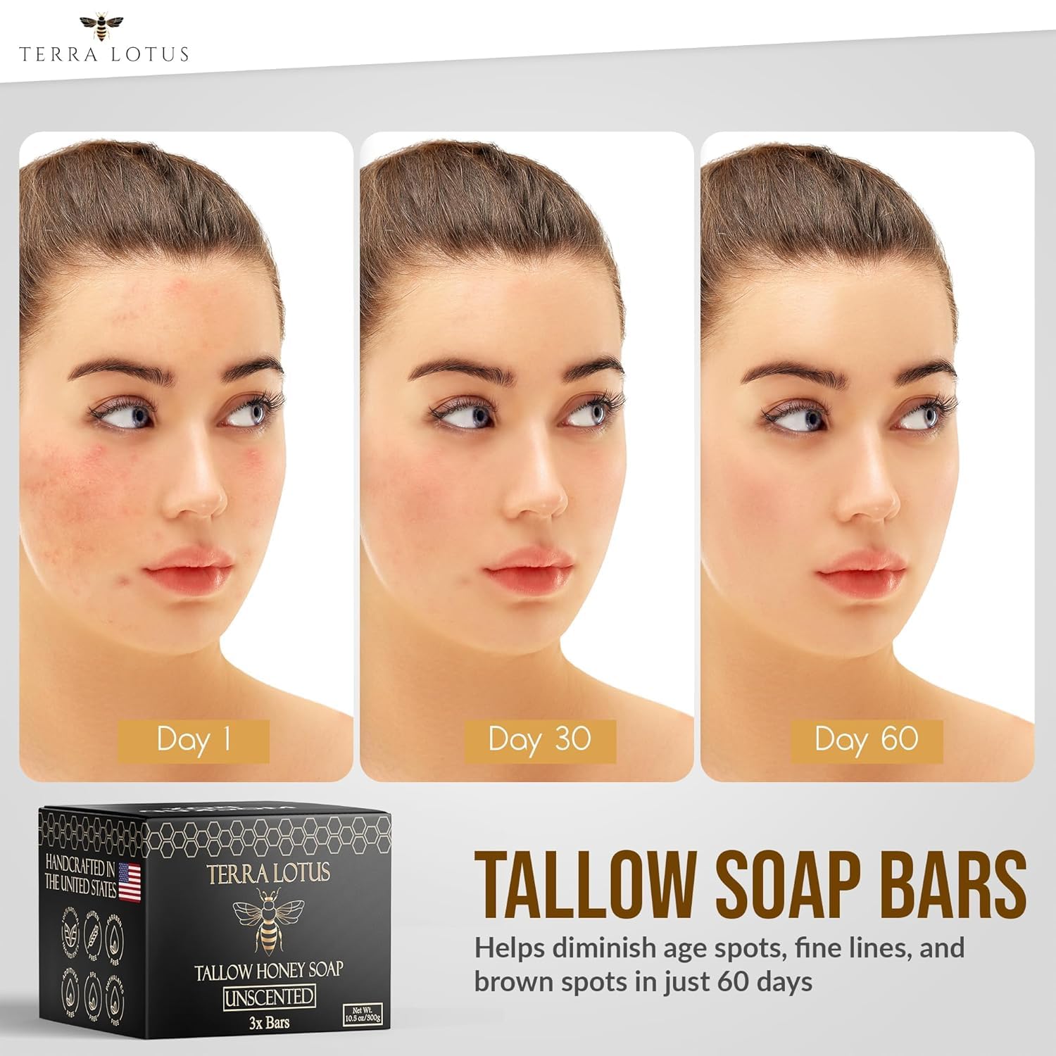 Terra Lotus Organic Tallow Soap with Organic Oils & Raw Honey - Unscented 3-Pack