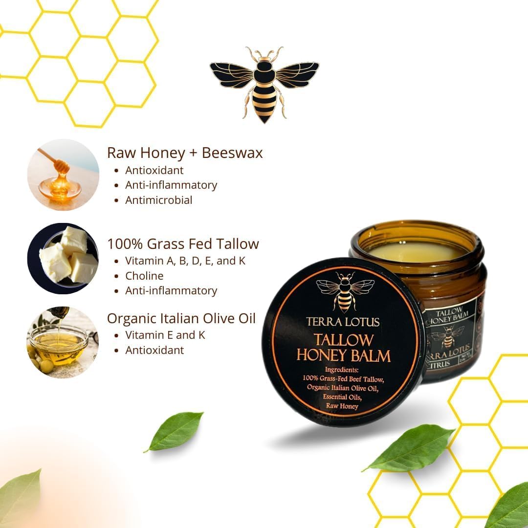Terra Lotus Honey Tallow Balm — Organic Grass-Fed Beef Tallow & Raw Honey (Unscented, 2 oz)