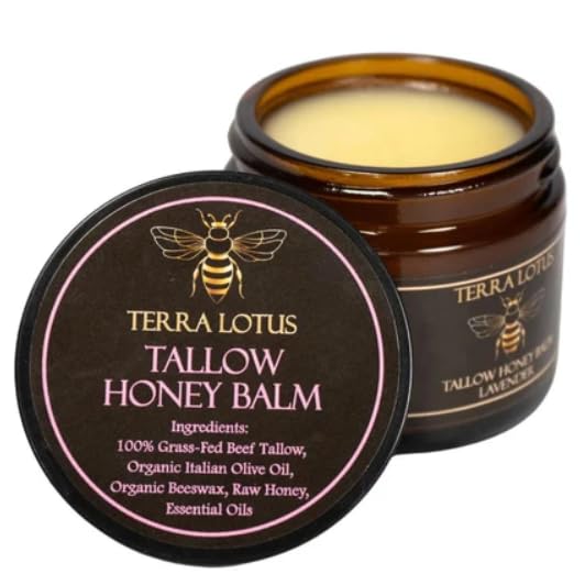 Terra Lotus Organic Grass-Fed Beef Tallow Balm with Raw Honey – Lavender, Handmade 2 oz