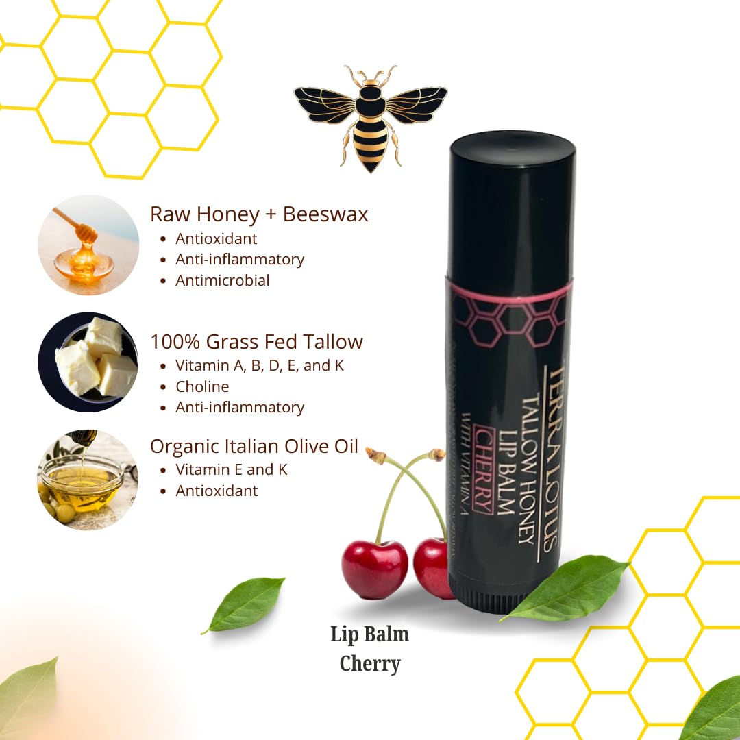 Terra Lotus Organic Tallow Lip Balm (5 Pack) – Cherry | Hydration with Olive Oil & Beeswax