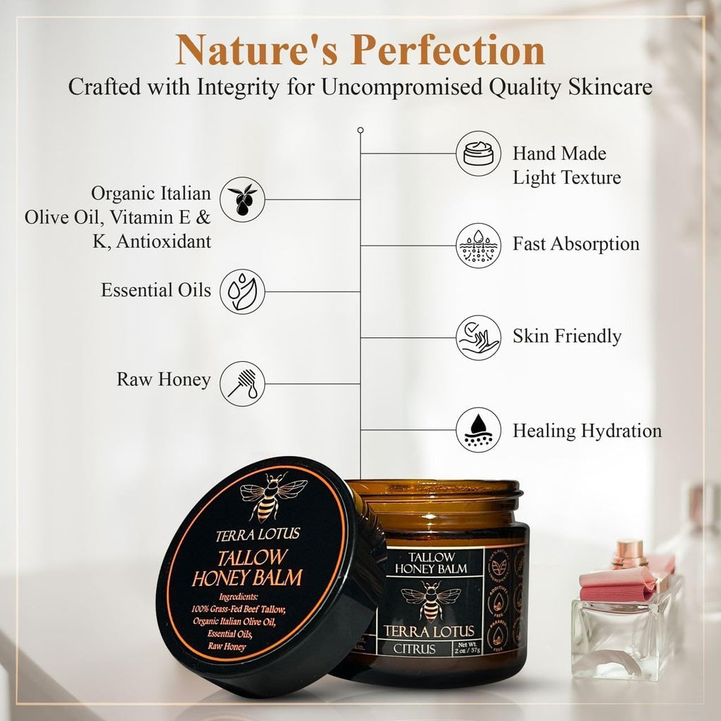 Terra Lotus Organic Grass-Fed Beef Tallow Balm with Raw Honey – Lavender, Handmade 2 oz