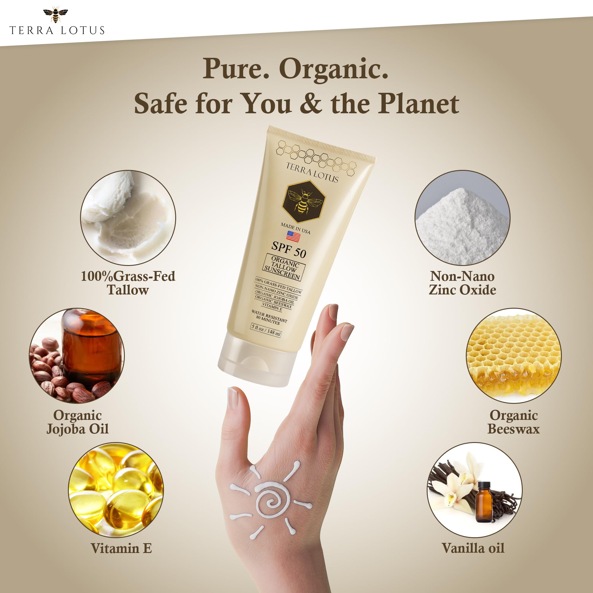 Terra Lotus Organic Tallow Sunscreen SPF 50 - Reef-Safe Mineral Defense for Face & Body (5 oz)