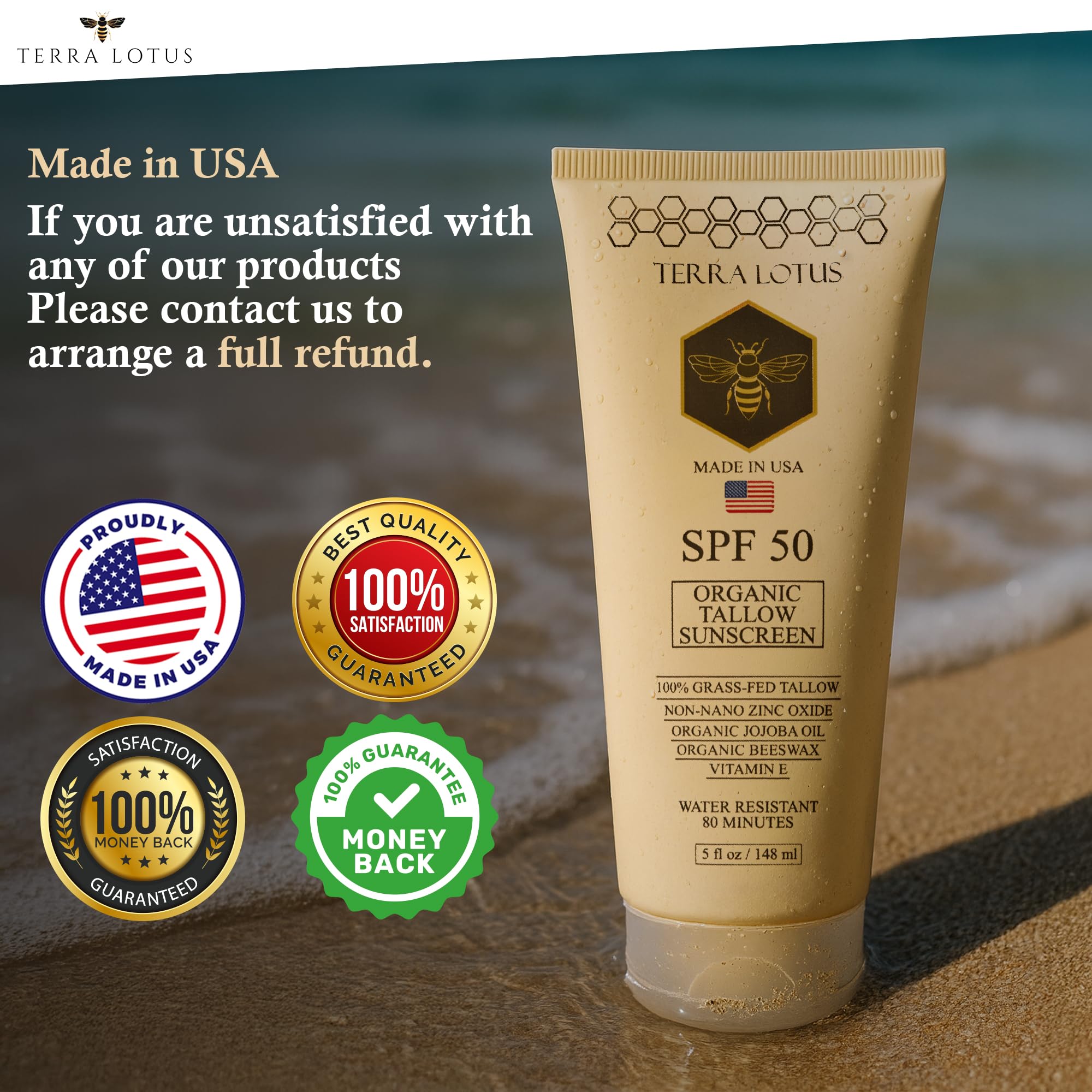 Terra Lotus Organic Tallow Sunscreen SPF 50 - Reef-Safe Mineral Defense for Face & Body (5 oz)