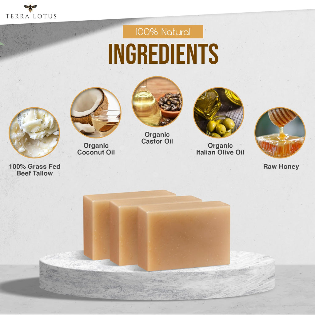 Terra Lotus Organic Tallow Soap with Organic Oils & Raw Honey - Unscented 3-Pack