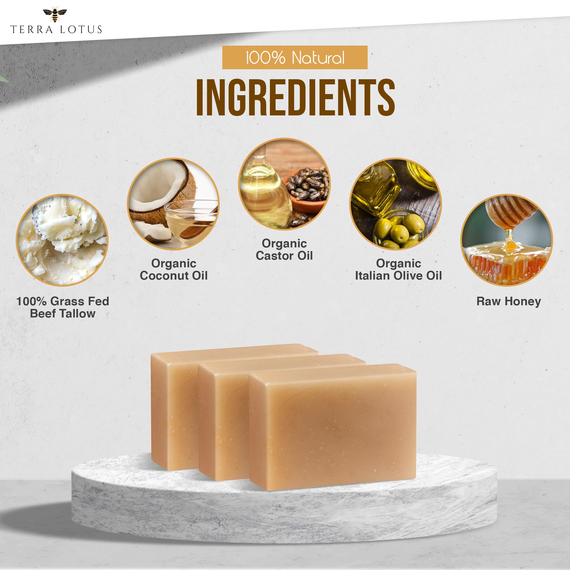 Terra Lotus Organic Tallow Soap with Organic Oils & Raw Honey - Unscented 3-Pack