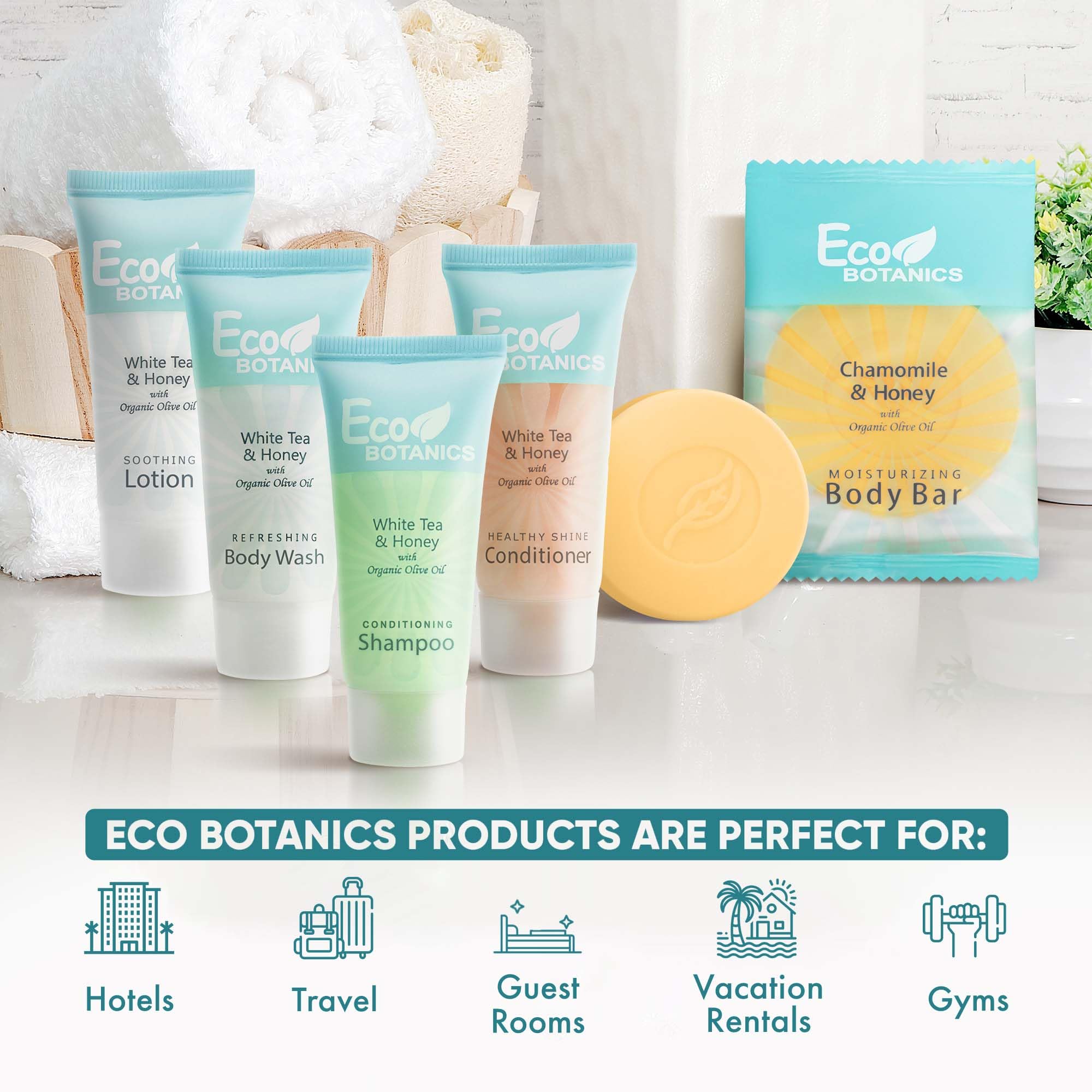 Terra Pure Travel Size Hotel Toiletry Set – 150 Count, White Tea Scent, Aloe & Olive Oil, Paraben Free